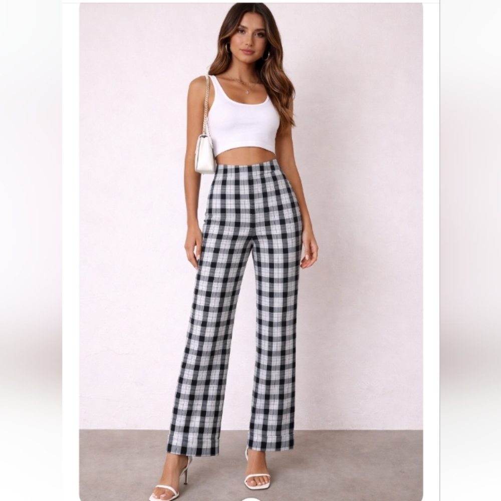 Princess Polly Black & White Plaid High-Waisted Pants US 10 | Side Zip